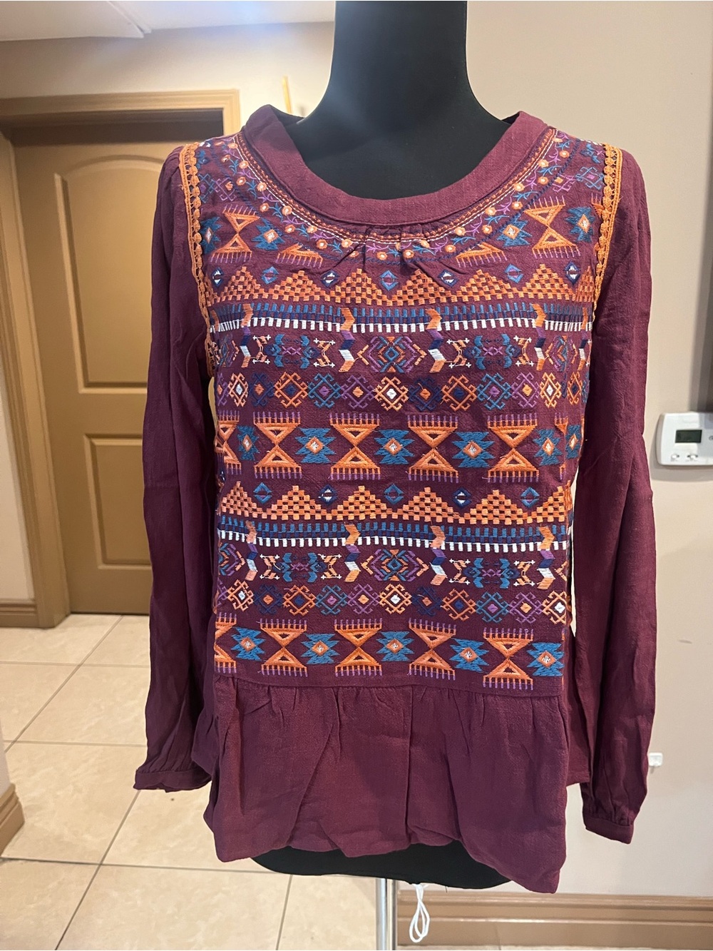 Savanna Jane Burgundy Embroidered Boho Pullover Top